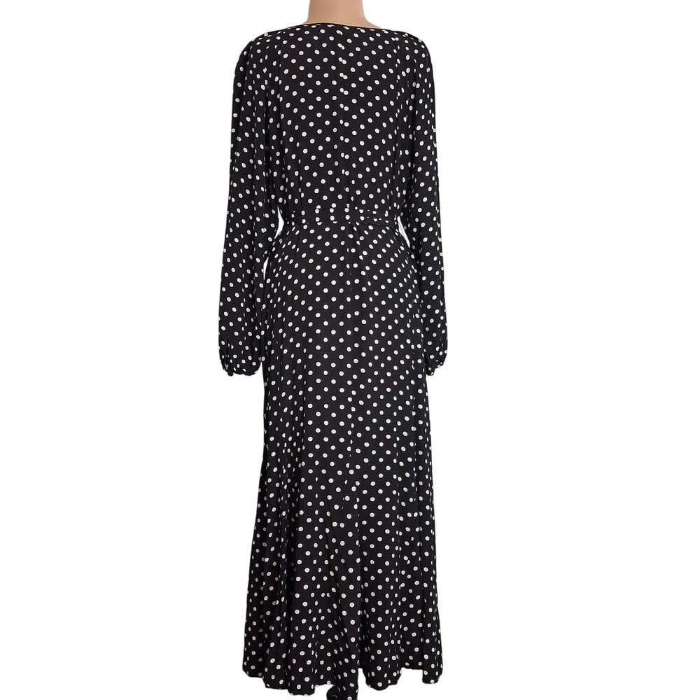 Loft Polka Dot Maxi Dress Black White Long Sleeve Button Front Waist Tie sz 8 - Picture 3 of 12